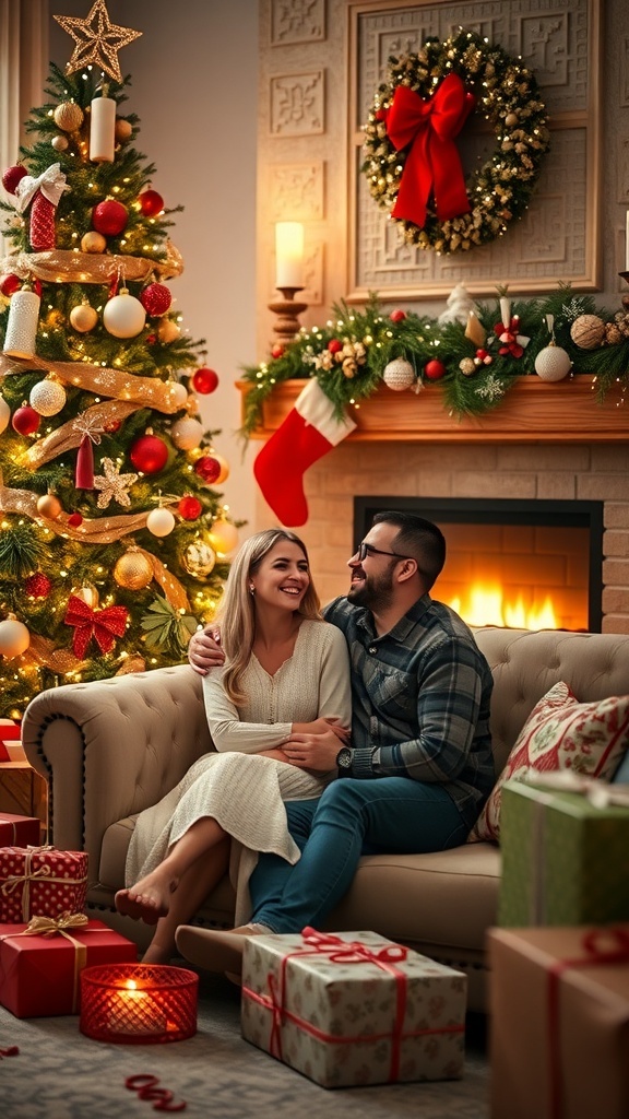 A couple sharing a romantic moment by the Christmas tree with gifts and a warm fireplace.